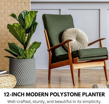 Fox & Fern Large 12 Inch Planter — Premium Polystone Gray Plant Pot with 3D Texture and Drainage Plug - 12 Inch Pots for Plants Indoor - Large Planter for Indoor & Outdoor Plants