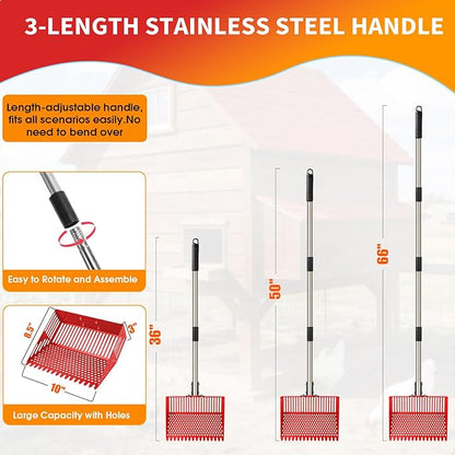 Heavy Duty Chicken Poop Scooper & Rake 2 in 1,Adjustable Angle Handle Chicken Coop Metal Litter Scoop & Sand Sifting Shovel,Pooper Scooper for Dog,Cat,Poultry,Farm Animals,34"-66"