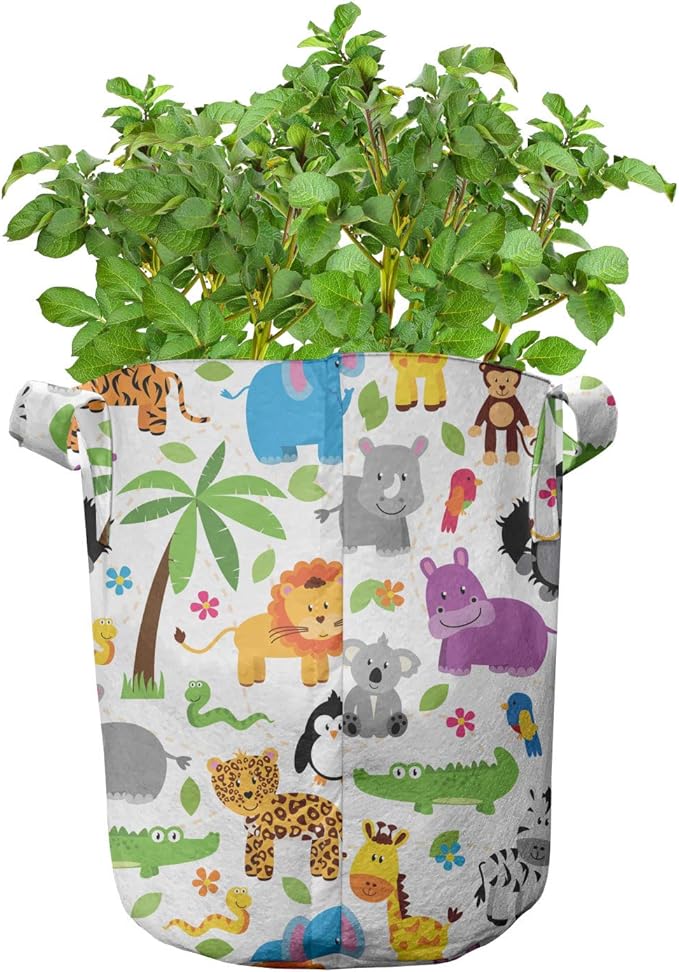 Lunarable Animals Grow Bags 5-Pack, Jungle and Zoo, Heavyduty Fabric Pots with Handles for Plants, Grey Purple