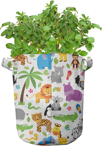 Lunarable Animals Grow Bags 5-Pack, Jungle and Zoo, Heavyduty Fabric Pots with Handles for Plants, Grey Purple