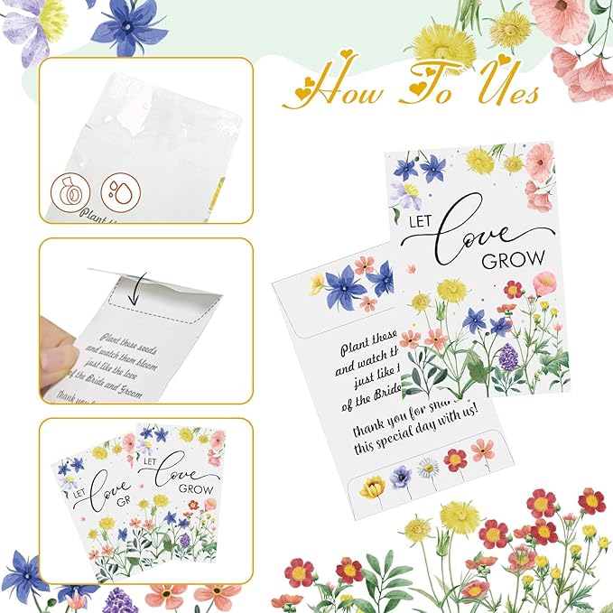Cinrobiye 50 Sets Let Love Grow Wedding Favors for Guests Seed Packet Bags (Seed Not Include) with Tags & Labels Flowerpot for Bridal Shower Party Favors Bulk Wedding Souvenirs for Guests (Wild Flower)