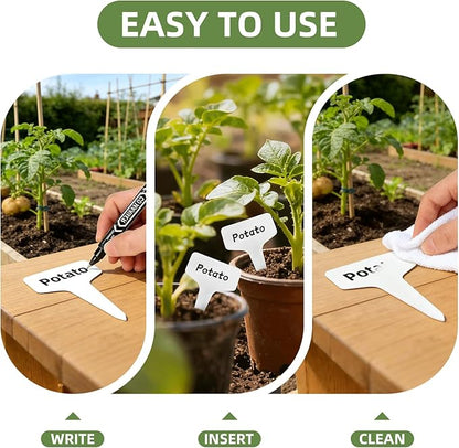 100 Pcs 4" Plant Labels with Marker Pen, Waterproof T-Type Garden Tags for Seeds, Flowers, Vegetable Seedlings, Plastic Nursery Markers for Outdoor & Indoor Gardening Organization