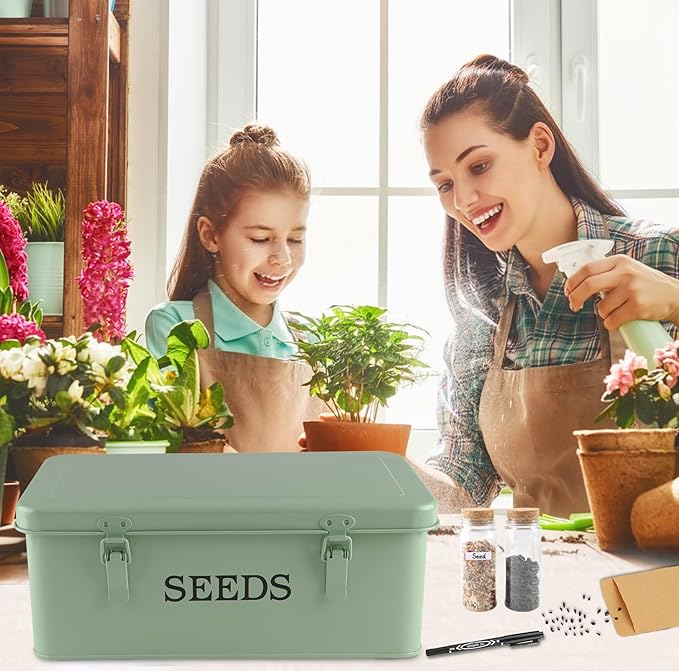 Seed Storage Box, Metal Seed Bin Seed Storage Organizer, 4 Dividers Seed Container with Safety Lock, Seed Box with Professional All-in-one Kit, Green