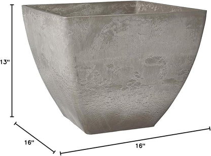 PSW Pot Collection 16x13 inch Plastic/Stone/Wood Composite Square Planter – No Drainage Hole (Drillable), Modern Indoor/Outer Pot for Flowers, Foliage, Succulents, Fairy Gardens, Cement Color
