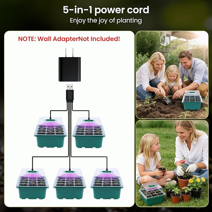 5 Pack Seed Starter Kit with Grow Lights & 3.9" Humidity Domes, 72 Cells Indoor Germination Trays, Full Spectrum Adjustable LED, Reusable Plant Starter System for Year-Round Gardening