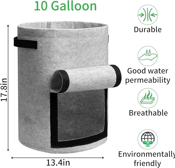 JJGoo 4 Pack Potato Grow Bags 10 Gallon with Flap, Heavy Duty Fabric Grow Bags with Handle and Harvest Window, Non-Woven Planter Pot Plant Garden Bags to Grow Vegetables Potato Tomato, Grey