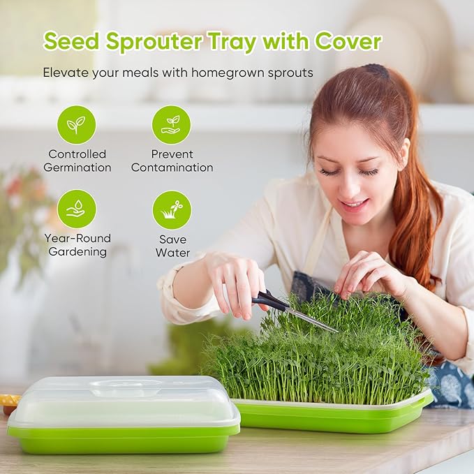 12 Pack Green Seed Sprouter Trays with Lid, Soil-Free Cultivation Germination Tray, Fodder Sprouting Trays Nursery Tray with Planting Paper for Indoors Outdoors