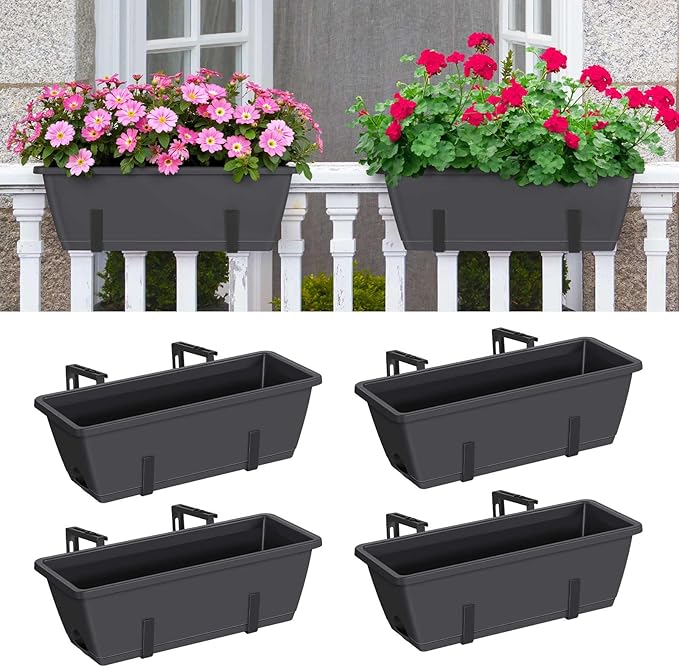CADUKE 4 Pack Railing Planter Box Grey Window Flower Boxes with Brackets Hanging Fence Planters Plastic Outdoor Deck Railing Planter Boxes for Balcony Patio Garden