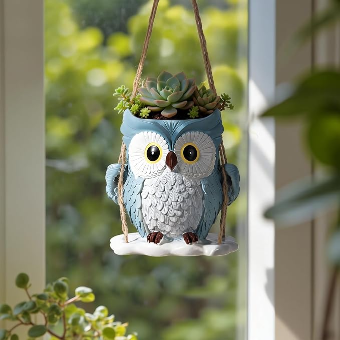 QCQHDU Swing Owl Hanging Pots with Drainage Hole, Small Resin Succulent Plant Planters, Cute Indoor/Outdoor Decor for Balcony Garden Patio, Women Gift Idea, Blue