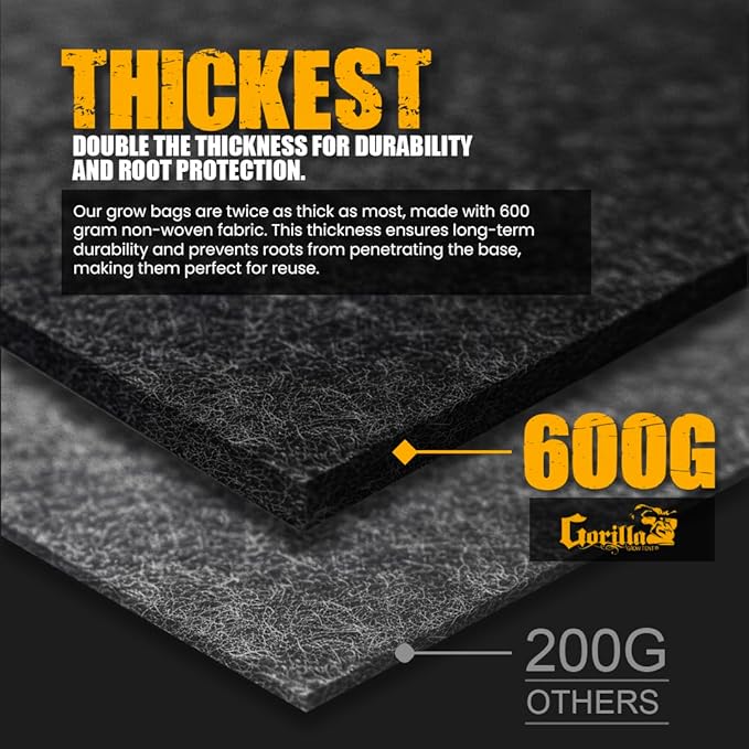 Gorilla 10 Gallon Grow Bags with Reinforced Handles – Thickest 600g, Breathable, BPA-Free Fabric Pot for Garden or Outdoor Planter Use, Promotes Root Health & Drainage – 4-Pack