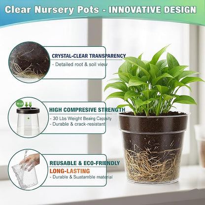 8/10 Inch Large Clear Nursery Pots with Drainage, 6 Pack Acrylic Plant Pots, 90% Light Transparency, Reusable for Flowers and Orchids, Indoor Outdoor Use, A Must-Have for Plant Lovers