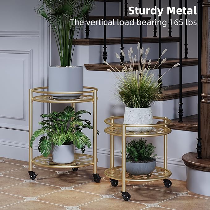 2 Tier Rolling Plant Stand with Wheels, Mid Century Modern Metal Stand for Planters, 2 Sizes 9 Inch & 11 Inch, Indoor Outdoor Movable Flower Pot Holder for Decor Home Garden Patio Load Bearing 165 LB 2 Pack Gold