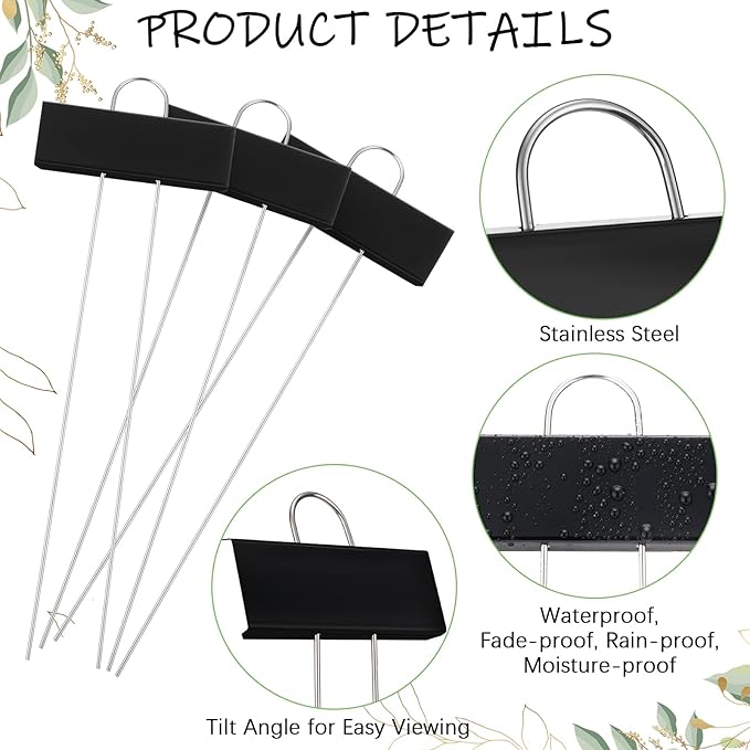 Maitys 38 Pcs Metal Garden Markers Plant Label Stakes Outdoor Weatherproof 10.6 Inch Stainless Steel Nursery Tags Bulk with Pens (Black Label with White Ink)