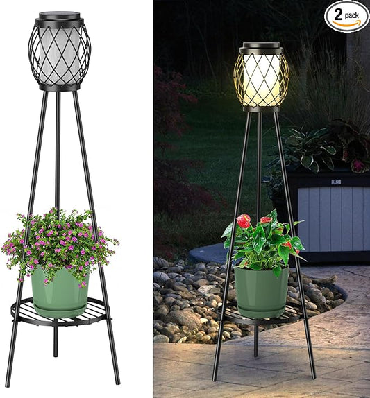 MXwcy Solar Lights Outdoor with Plant Stands 2 Pack, Solar Floor Lamp Metal Tripod Patio Lights for Garden Yard Pathway Driveway Front/Back Porch Decoration