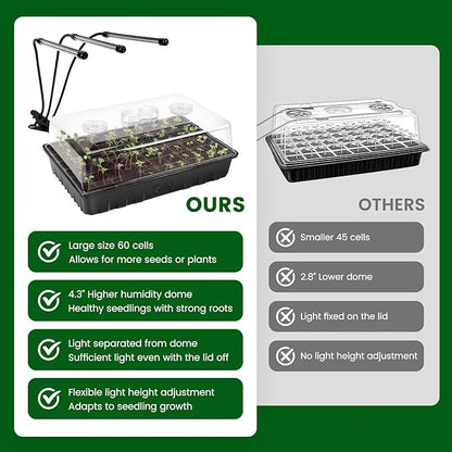 SOLIGT 60 Cell Seed Starter Kit with Grow Light and Heat Mat, Seed Starter Tray with Higher 4.3” Humidity Dome, 4/8/12/18H Timer, Flexible Light for Indoor Seed Starting & Seedling
