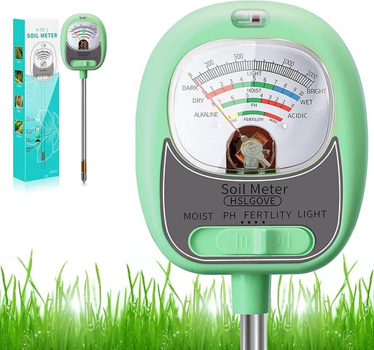 HSLGOVE 4-in-1 Soil Test Kit – Soil Moisture Meter, pH, Fertility & Sun-Light, No Battery Required, Large Dial Soil Tester for Indoor & Outdoor Gardening, Lawn, Farm –Tea Green