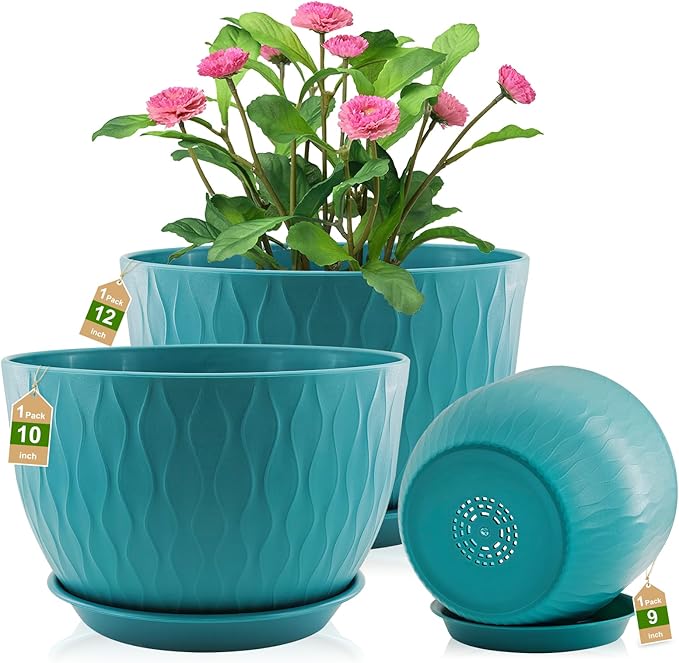12/10/9 inch Plant Pots, 3 Pack Flower Pots for Outdoor Indoor Garden Plants, Large Planters with Multi Mesh Drainage Holes and Saucer (Black-Green, 12"+10"+9")