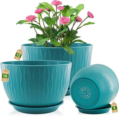 12/10/9 inch Plant Pots, 3 Pack Flower Pots for Outdoor Indoor Garden Plants, Large Planters with Multi Mesh Drainage Holes and Saucer (Black-Green, 12"+10"+9")