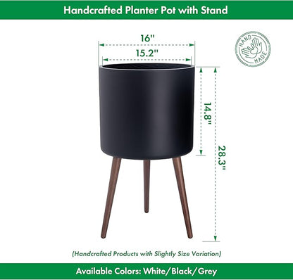 D'vine Dev 16 Inch Planter Pot with Stand, Mid-Century Tall Plant Pot with Legs for Indoor Plants, XX-Large, Black, 88-O-E-2