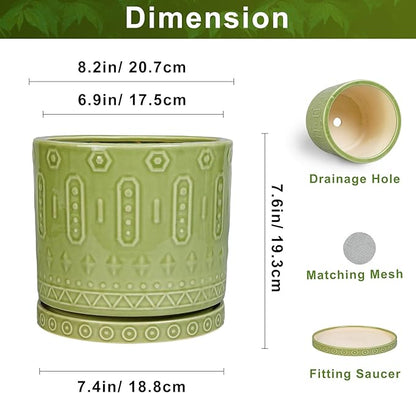 Ceramic Pots for Plants, 8 Inch Plant Pot with Drainage Hole and Tray, Round Planters for Indoor Plants, Modern Flower Pot, Decorative Planter, Living Room Decor, Gardening Gifts, Green