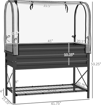 Outsunny Raised Garden Bed with Cover and Storage Shelf, Rectangular Metal Elevated Planter Box with Legs and Bed Liner for Vegetables, Flowers, Herbs, Black