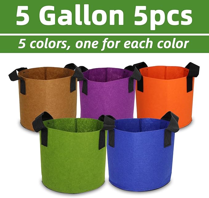 Grow Bags,Growing Pot Bags Garden Grow Bag Indoor Outdoor Fabric Aeration Plant Pot Container Flower Vegetable Pouch (Mixed 5colors,5 Gallon)