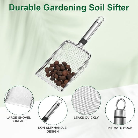 1-Pack Gardening Soil Sifter, 6 mm Mesh Stainless Steel Sand Soil Compost Sieve with Stainless Steel Handle for Sand/Dirt/Rock Compost [Silver Tone]