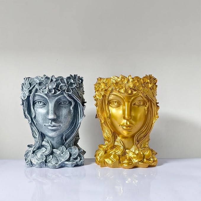 Face Flower Pot Head Planter with Drainage Hole - Cute Resin Goddess Face Planter for Indoor & Outdoor Use (Goddess Golden, Large)