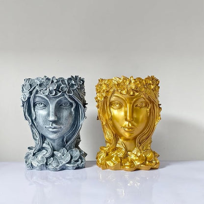 Face Flower Pot Head Planter with Drainage Hole - Cute Resin Goddess Face Planter for Indoor & Outdoor Use (Goddess Golden, Large)