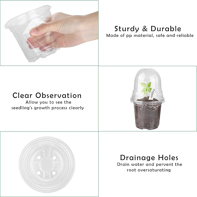 36 Packs 4 Inch Plant Nursery Pots with Humidity Dome Plastic Planters Gardening Flower Plant Pots Seed Starting Pots with Plant Labels for Seedling Indoor Outdoor Garden, Transparent
