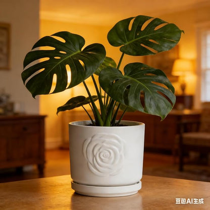 Ekirlin 7 Inch Indoor Plant Pots, White Ceramic Flower Planters, Modern Style Succulents Containers with Drain Hole & Saucer Tray, Weatherproof Pot for Decorate Home,Office & Outdoor (Rose Design)