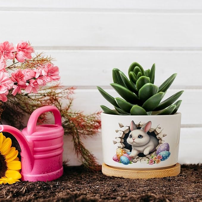 Cute Easter Bunny Break Through Eggs Ceramic Pots for Plants with Drainage Holes Round Flower Pot Bamboo Tray Orchid Pot Succulents Pots for Outdoor Indoor Plants
