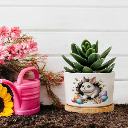Cute Easter Bunny Break Through Eggs Ceramic Pots for Plants with Drainage Holes Round Flower Pot Bamboo Tray Orchid Pot Succulents Pots for Outdoor Indoor Plants