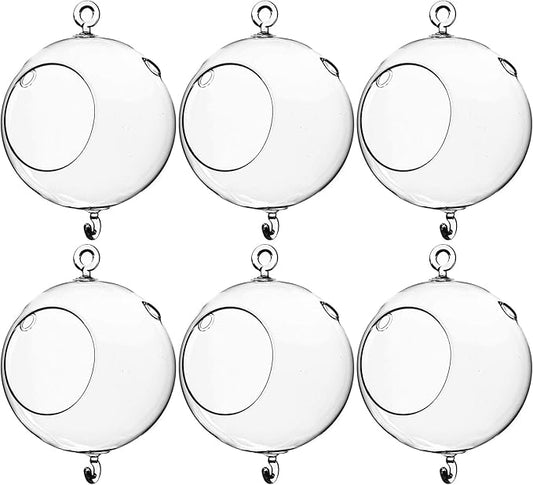 WGV Hanging Terrarium Globe, Width 5", Height 7", Double Hook, DIY Air Succulent Planter, Clear Glass Vase Orb, Candle Holder for Windowsill Outdoor Garden Decor, 6 Pieces Bulk