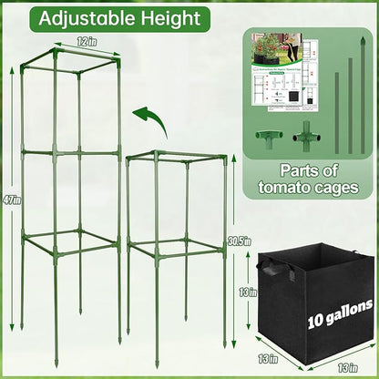 ANPHSIN 3 Sets Tomato Cages with 10 Gallon Grow Bags - 47'' Stable Plant Support Trellis Kit, Square Cages with Planter Pots for Garden Flowers Vegetables Cucumber Vertical Climbing Plants Vines