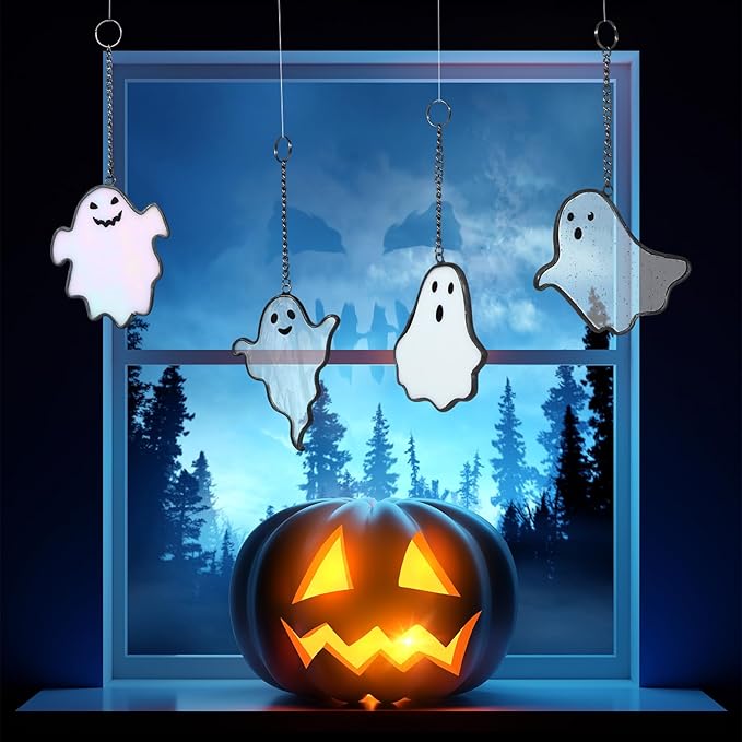 Yungyan 4 Pcs Halloween Ghost Stained Glass Suncatcher Hand Painted Window Hangings Suncatcher Halloween Goth Decoration for Home, Office, Kitchen, Living Room, Wall