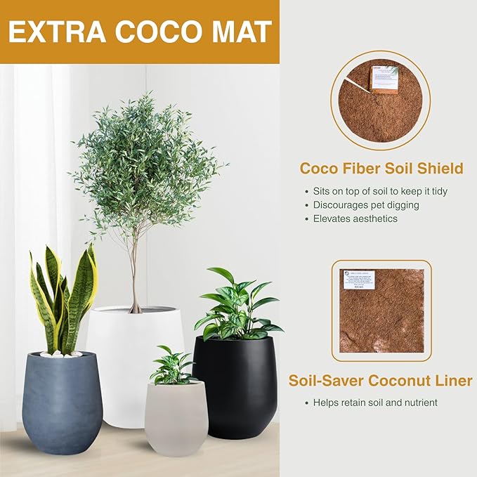 12.5" H x 11.4" D Corso Fiberstone Round Tapered Planter with Drainage Hole, Smooth Finishes, Weather Resistant, Included 2 Extra Coco Mats (Kilim Beige, 9" Pot Opening)