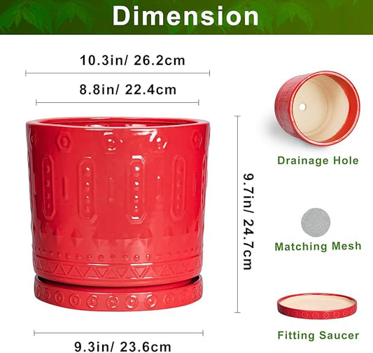 10 Inch Plant Pot, Ceramic Pots for Plants for Indoor Outdoor Plants, Round Planter with Drainage Hole and Tray, Boho Decorative Flower Pots, Front Porch Decor, Gifts for Plant Lovers, Red
