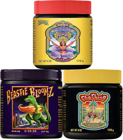 FoxFarm Soluble Trio Pack - Open Sesame, Beastie Bloomz, Cha Ching - Supports Flowering, Blossom & Late-Stage Fruiting - Bloom Booster Fertilizer for Hydroponic & Conventional Growers - 3 x 6 oz