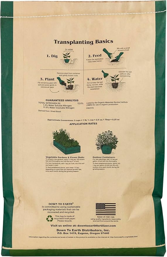Down To Earth All Natural Fertilizers Organic Blood Meal - High Nitrogen Plant Food for Green Growth 12-0-0, 20 lb