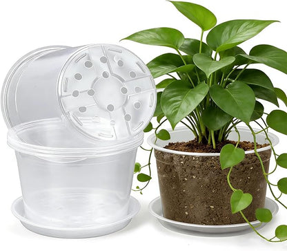 10 Inch Clear Nursery Pots with Drainage and Sacuers, 4 Pack Plastic Pots for Plants Indoor Outdoor, Large Clear Pots for Flowers, Succulents (10inx4pcs)