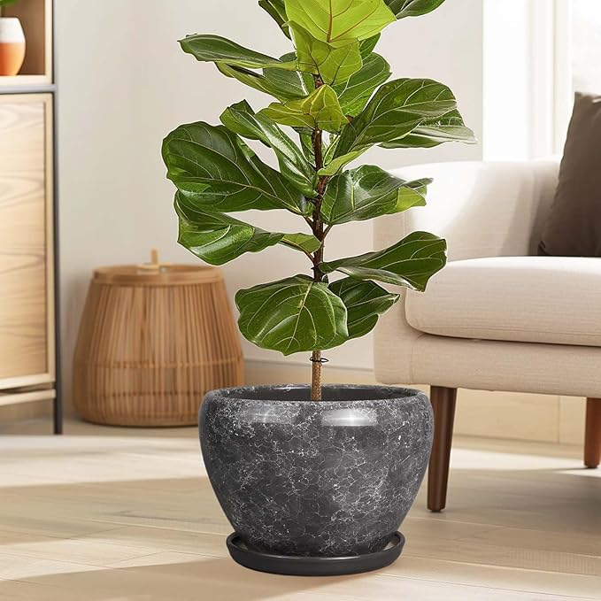 Ceramic Planters for Indoor Plants - 10 Inch Plant Pot with Drainage Hole and Saucer, Large Flower Pot for Home Decor, Gray