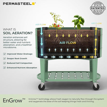Permasteel Raised Garden Bed with Legs, 40×20×37 in, Planter Box with EnGrow™ TrueSoil™ Technology for Vegetables, Flowers, Herbs, and Fruit, Outdoor Indoor, Storage Shelf, Sage