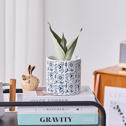 Blue and White Ceramic Plant Pot for Indoor Plants, 4.7 Inch Boho Flower Pot with Drainage Holes, Modern Planter for Home & Office Decor