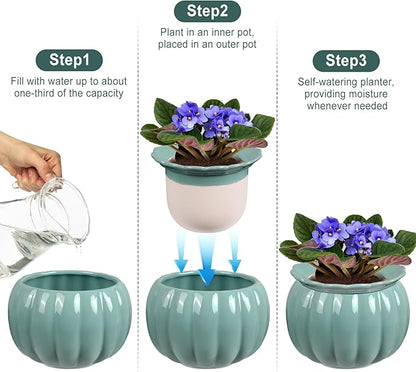 African Violet Pots, Self-Watering Ceramic Planter for Indoor Plants – 6 Inch Pot for Succulents, Herbs & Small Houseplants, Decorative Self-Watering Pot for Home & Office, Blue