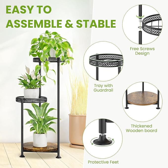 Plant Stand Indoor Outdoor,3 Tier Metal Wood Plant Stand for Multiple Plants,Black Tall Narrow Plants Display Organizer for Corner Living Room Porch Patio Garden Office