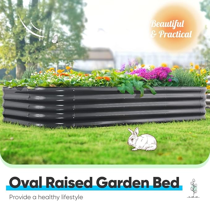 Quictent Galvanized Raised Garden Bed Kit, 8x4x1.5 ft Oval Metal Planter Box Tall for Vegetables Outdoor Backyard, Strengthened by Crossbar, Dark Gray