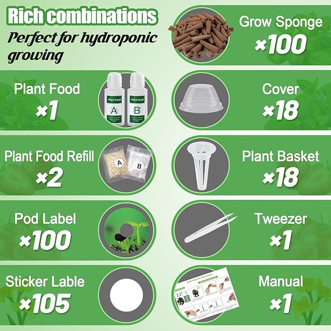 Bigmeta Hydroponic Pods Kit Compatible with Aerogarden -100pcs Growing Sponge, Plant Basket, Pod Labels, Seed Starter Sprout Kit for Grow Anything with Plant Food, for Most Indoor System