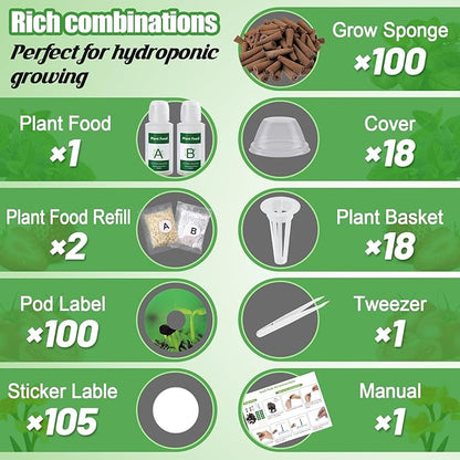 Bigmeta Hydroponic Pods Kit Compatible with Aerogarden -100pcs Growing Sponge, Plant Basket, Pod Labels, Seed Starter Sprout Kit for Grow Anything with Plant Food, for Most Indoor System