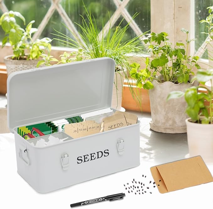 4 Dividers Seed Storage Box, Metal Seed Box Seed Storage Organizer with Safety Lock, Portable Garden Seed Bin, Professional All-in-one Kit, White
